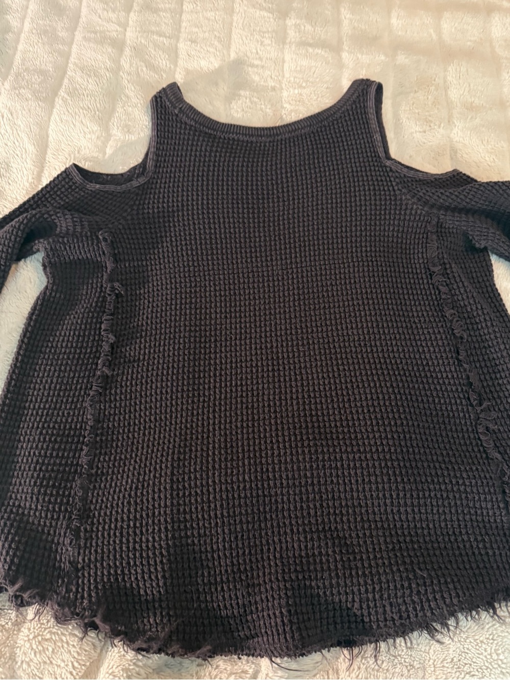 Free People Faded Black Waffle Knit Cold Shoulder Long Sleeve Top Size L - Picture 5 of 9